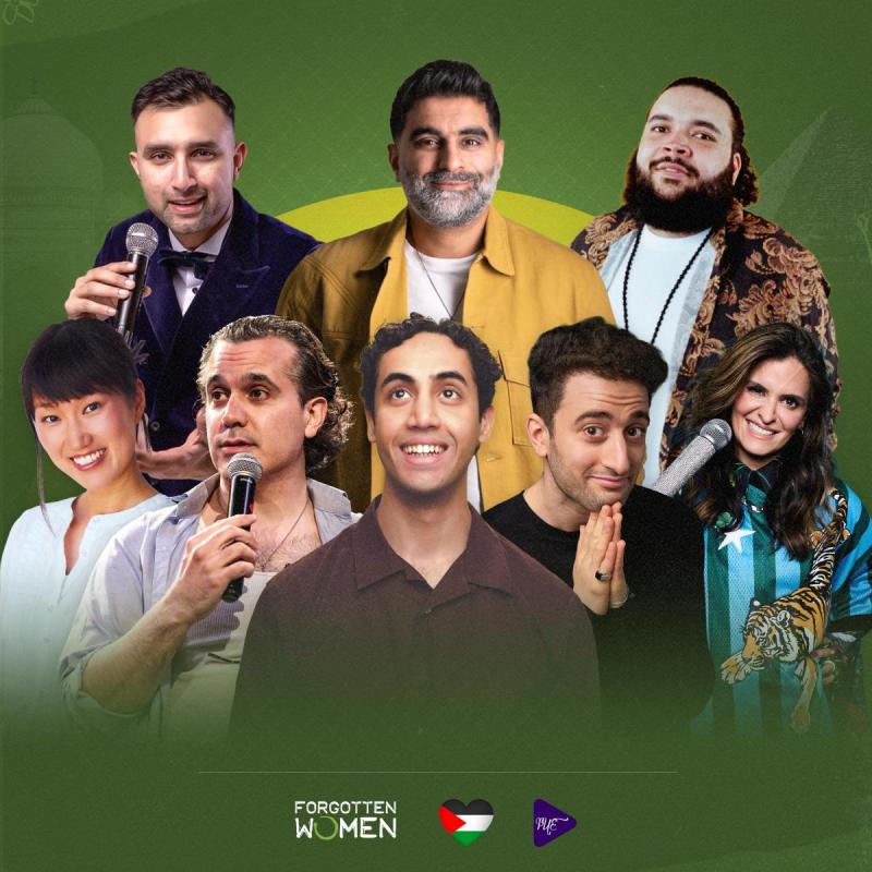 Eight performers stand in front of a green background