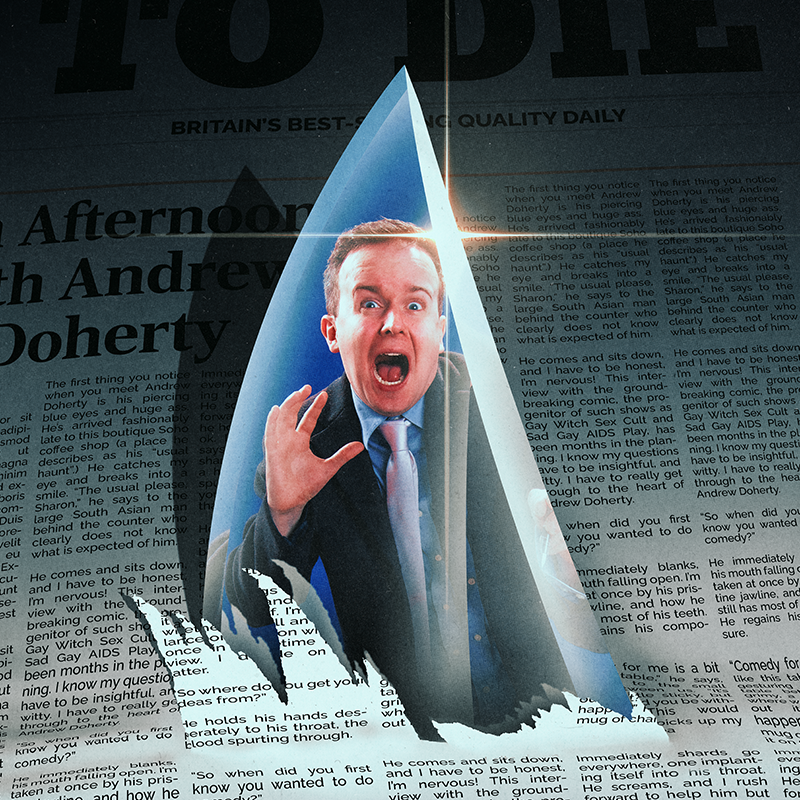 A knife cuts through a newspaper. Andrew Doherty's scared face is reflected in the knife.