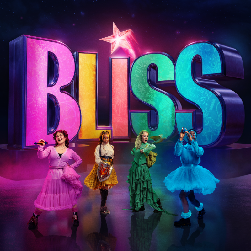 The word BLISS in large light up letters. 4 characters dressed in pink, orange, green and blue stand in front.
