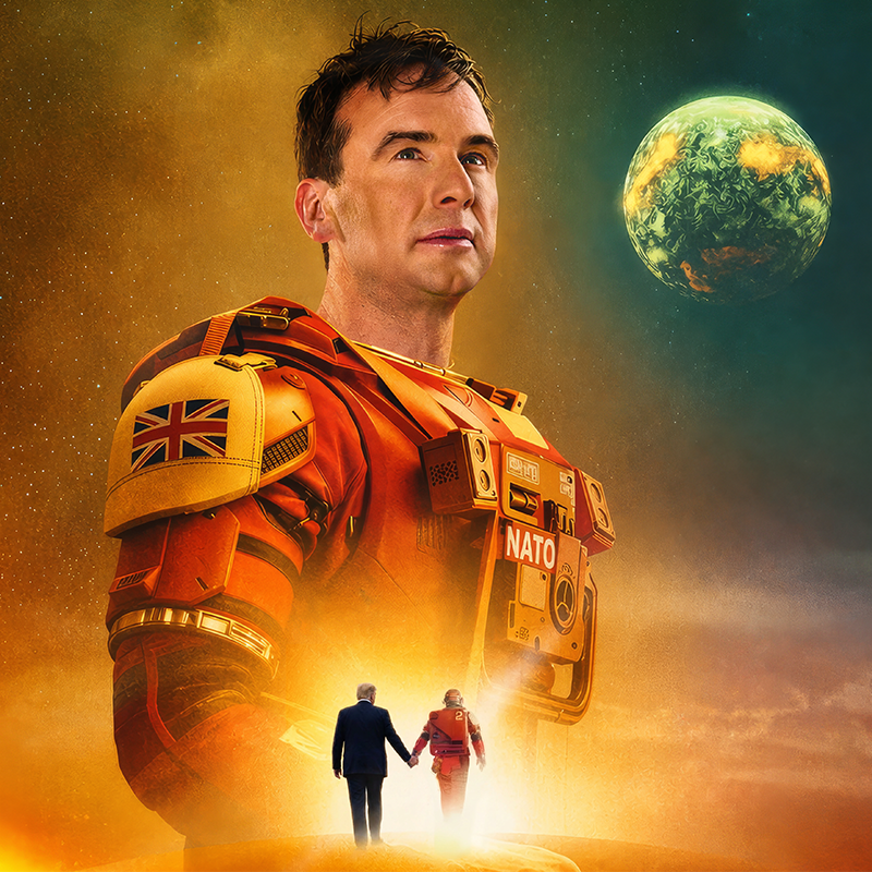 A blown up image of Matt Forde dressed as an astronaut. In the background the earth can be seen on fire, and in the forefront Matt and Donald Trump walk hand in hand into the light.