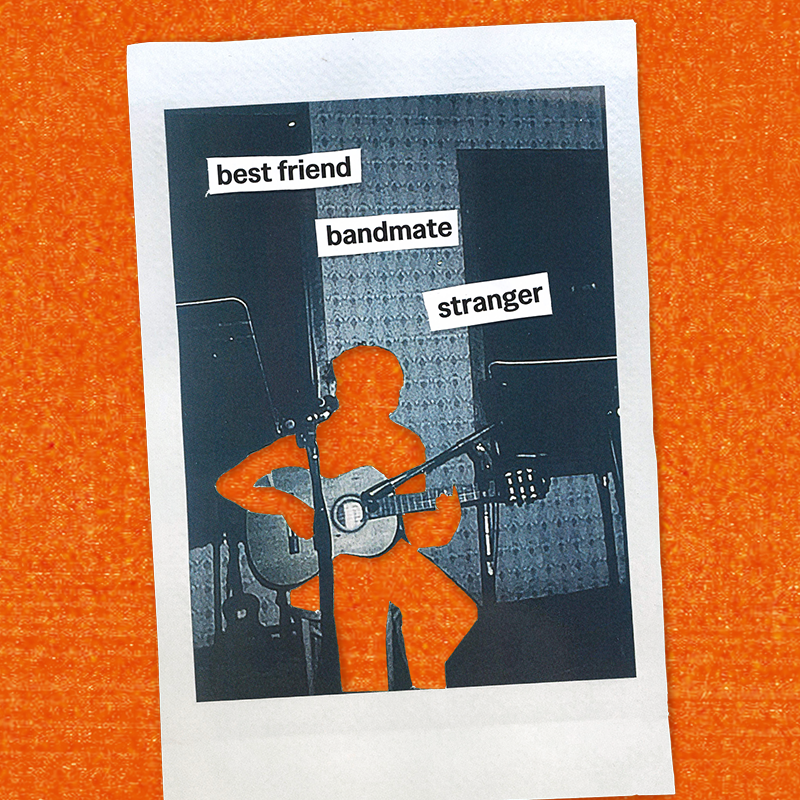 A polaroid of a red figure playing the guitar. Across the photo the words 'best friends, bandmate, stranger' are written.