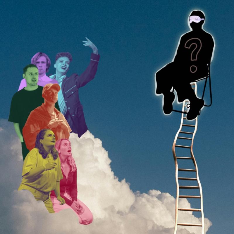 Six people washed in different colours are on a cloud, looking over at a ladder appearing from below. At the top of the ladder sits a silhouette of a person in a blindfold