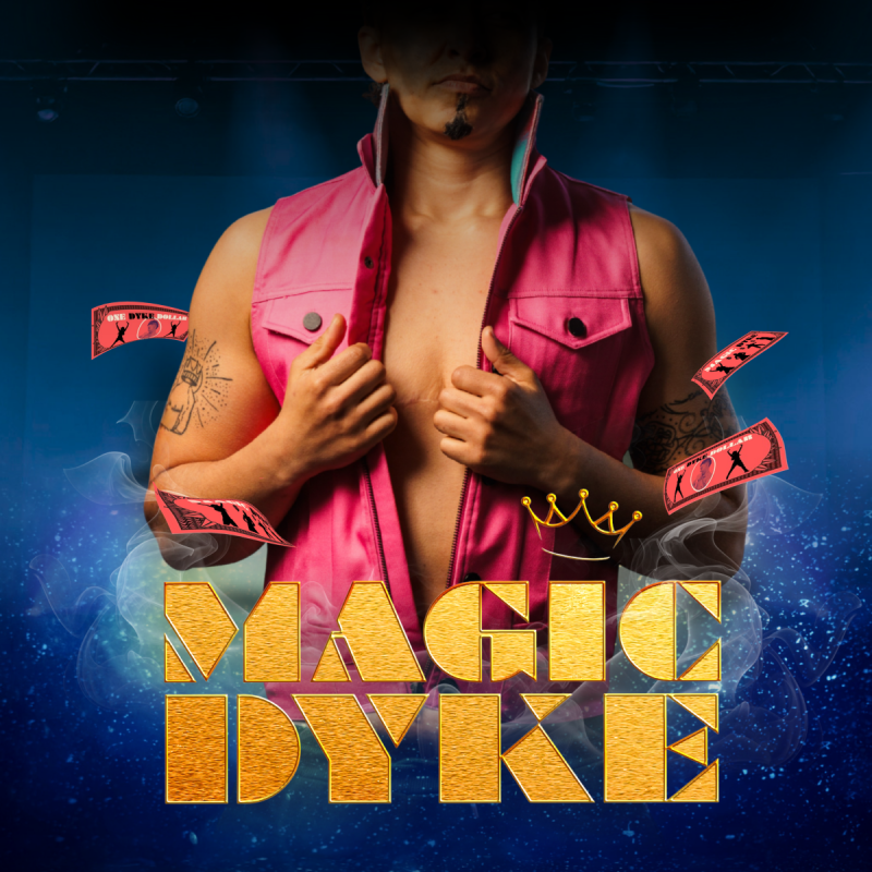 Chest shot of the performer opening a pink leather waistcoat. The title below in gold.