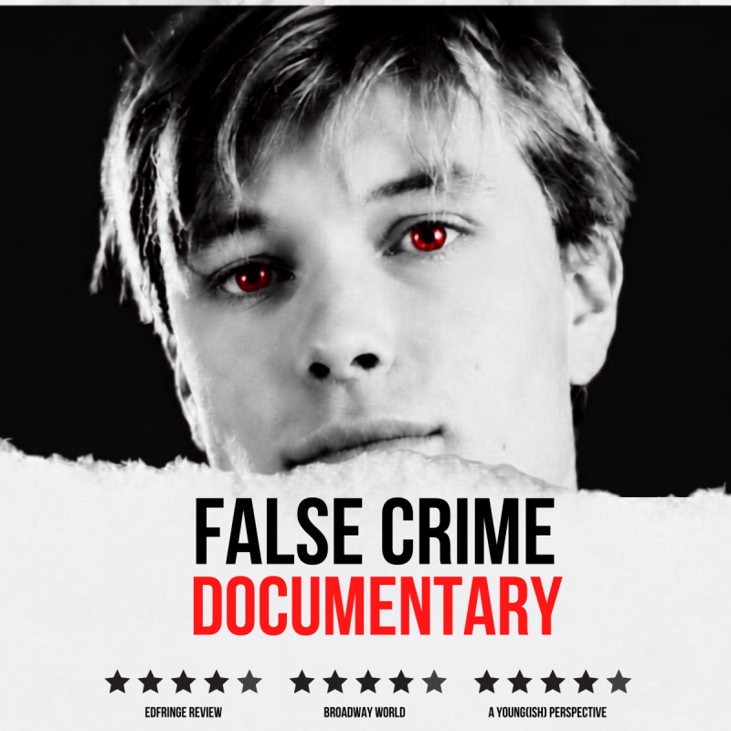 A true-crime style white poster with a rip across the middle, revealing a picture of Ted Milligan in black and white. The title 'FALSE CRIME DOCUMENTARY' is below the image with some five star reviews printed at the bottom.
