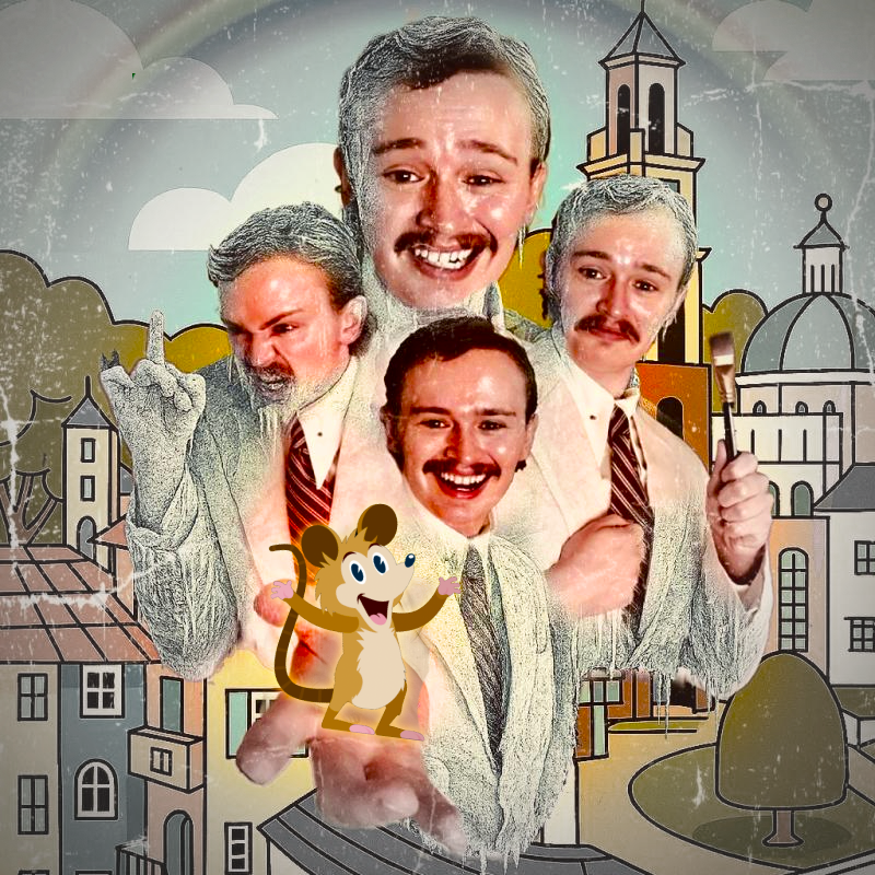 Four images of Peter Rugman in front of a cartoon town. He is wearing a white suit. In the front-most image of him, he is holding out his hand which is holding a happy cartoon mouse.