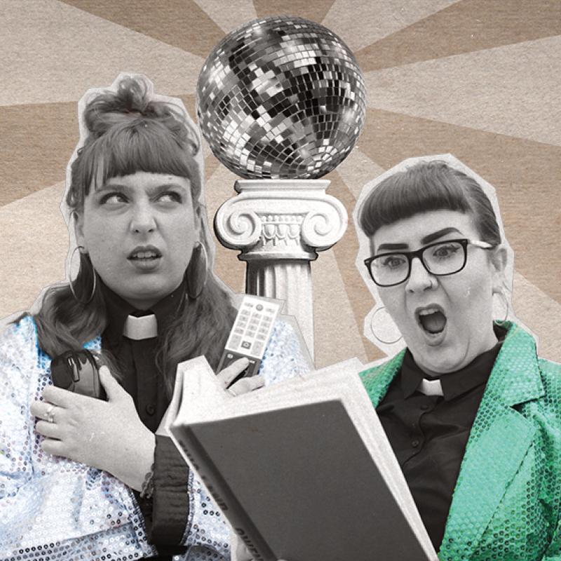 Two vicars: one holding a TV remote and one looking shocked at a book.