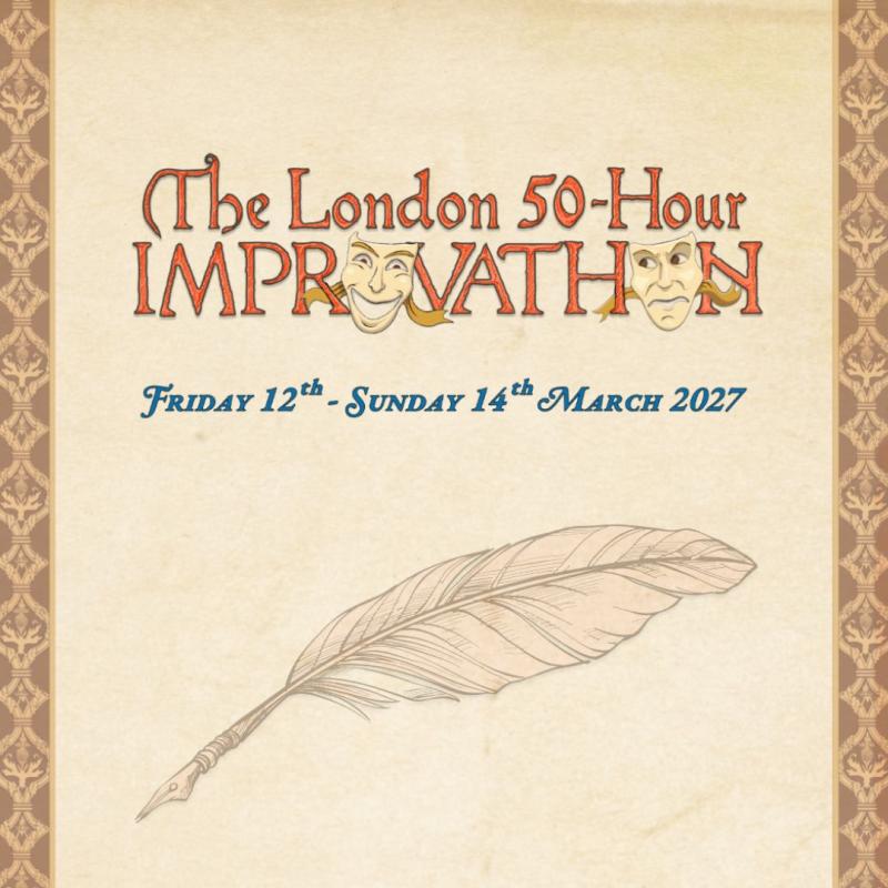 The show title and dates with a feather quill underneath.