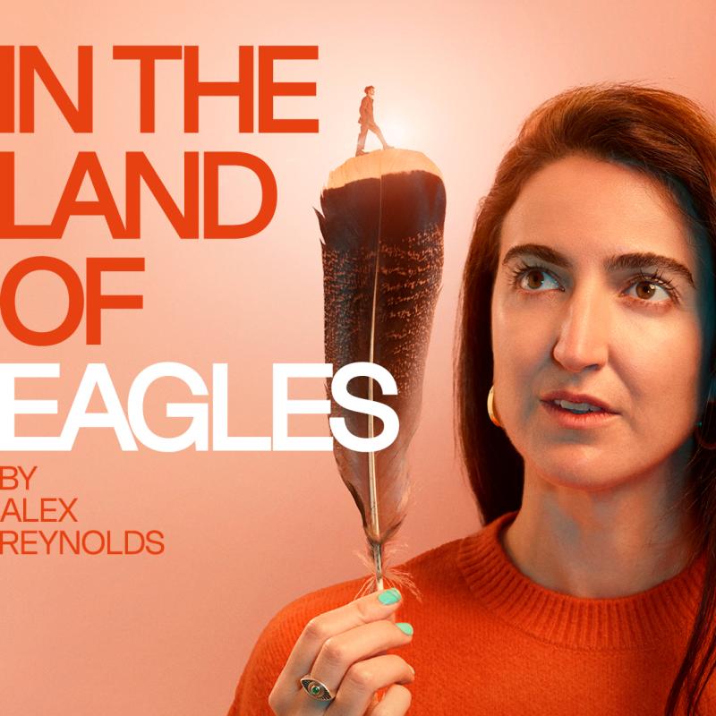 A woman holds a large bird's feather. A small figure walks over the top of the feather.  