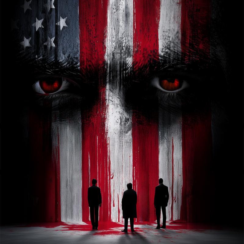 Two red eyes can be seen in front of a painted american flag. The eyes and flag are looming over three silhouettes which are small at the bottom of the image.